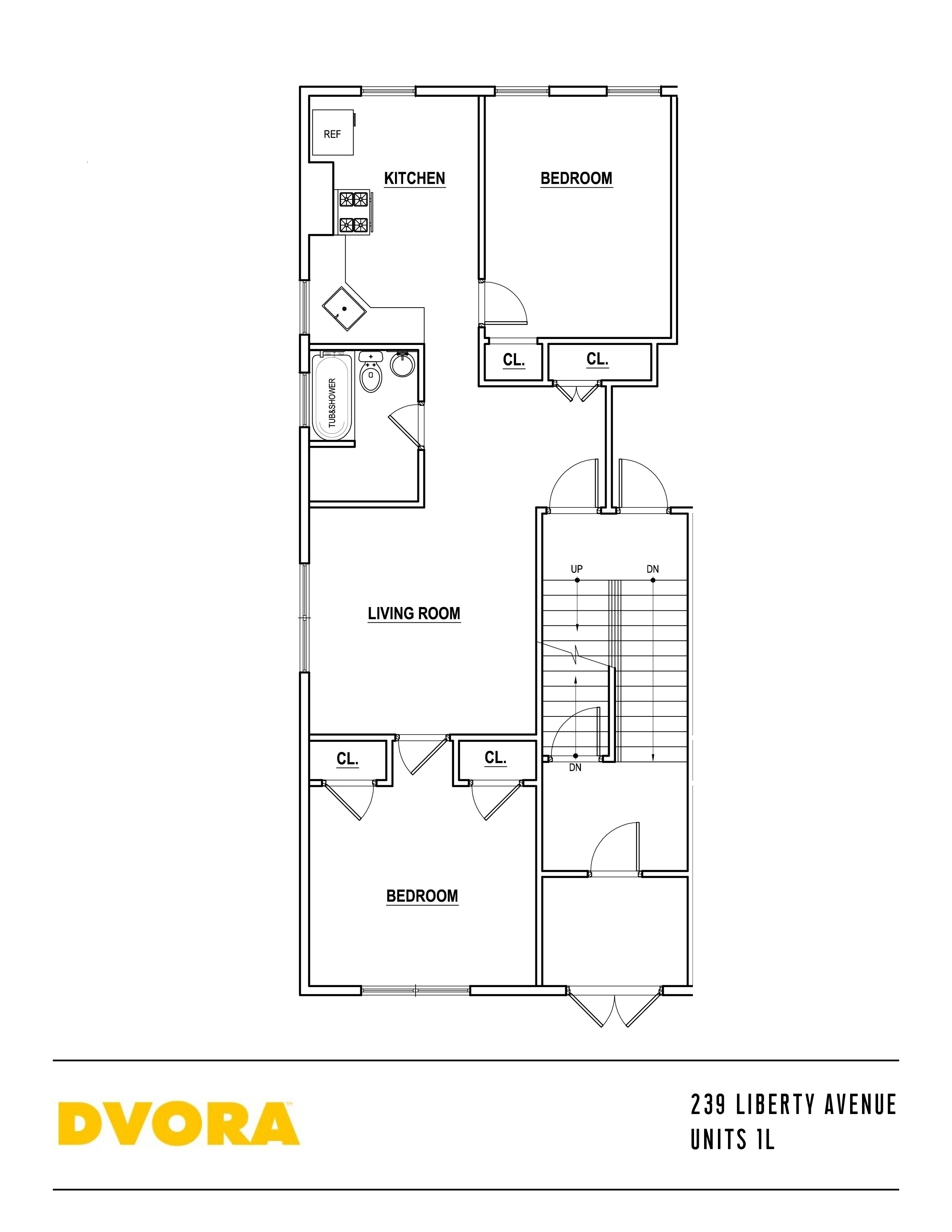 Floor plan for 2 beds, 1 bath, 773 sqft